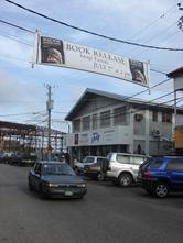 The banner which crossed North Front Street for Angela Gegg's book release on 7/7/7 at the Image Factory in Belize